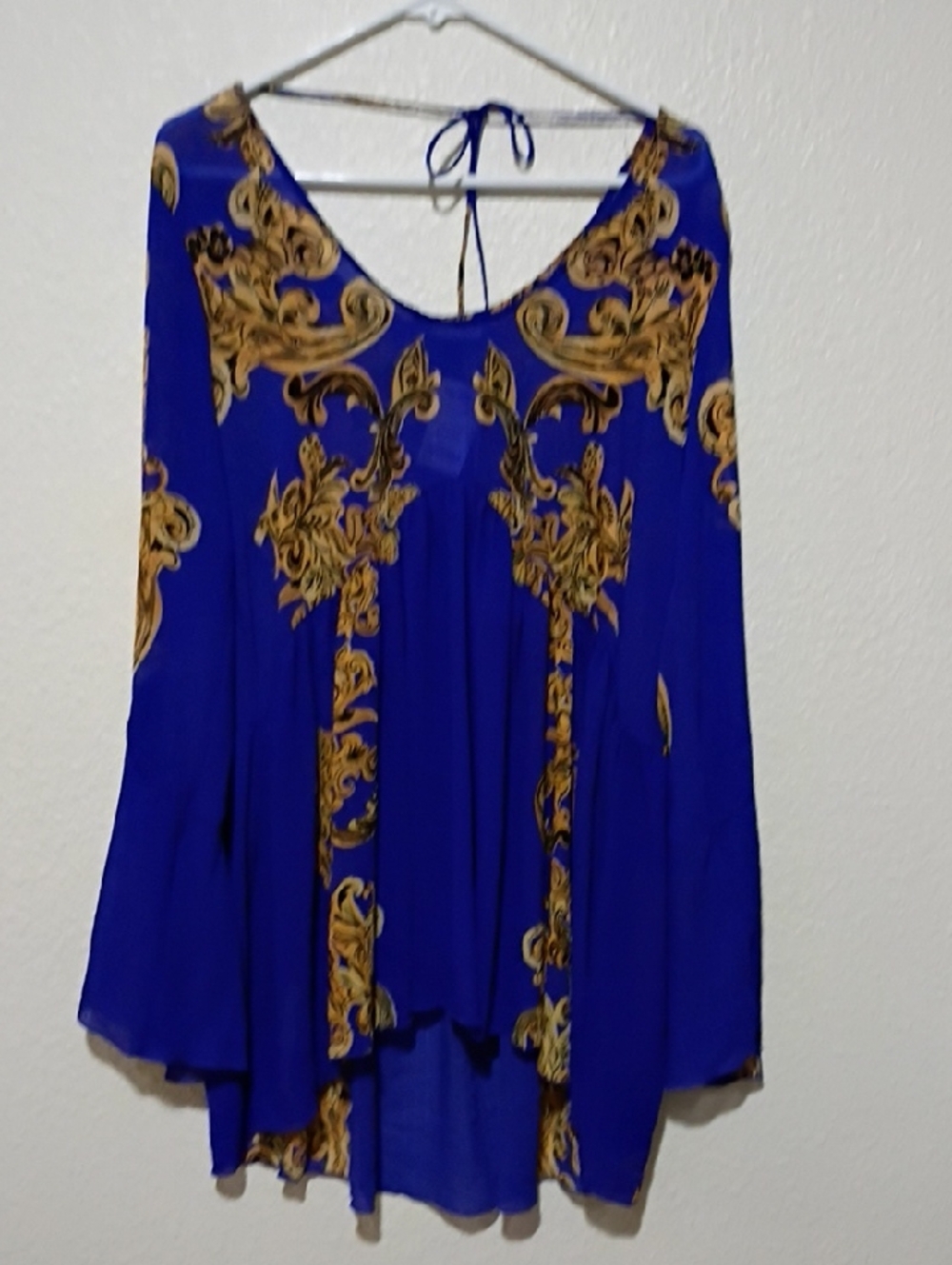 Blue & Gold Printed Women's Blouse - Flowing V-Neck Top